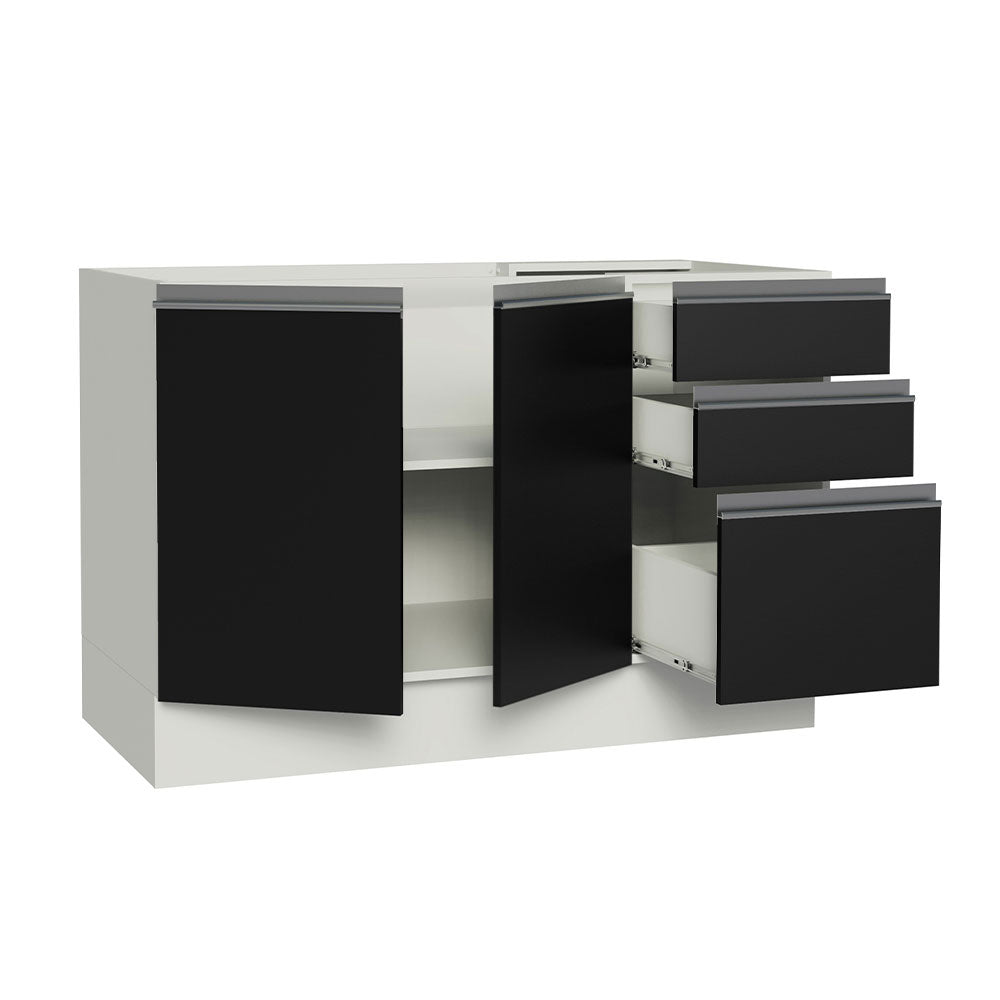 Gabinete Bajo para Tarja 120 x 60 cm 2 Puertas 3 Cajones (Sin Encimera) Glamy Blanco/Negro
