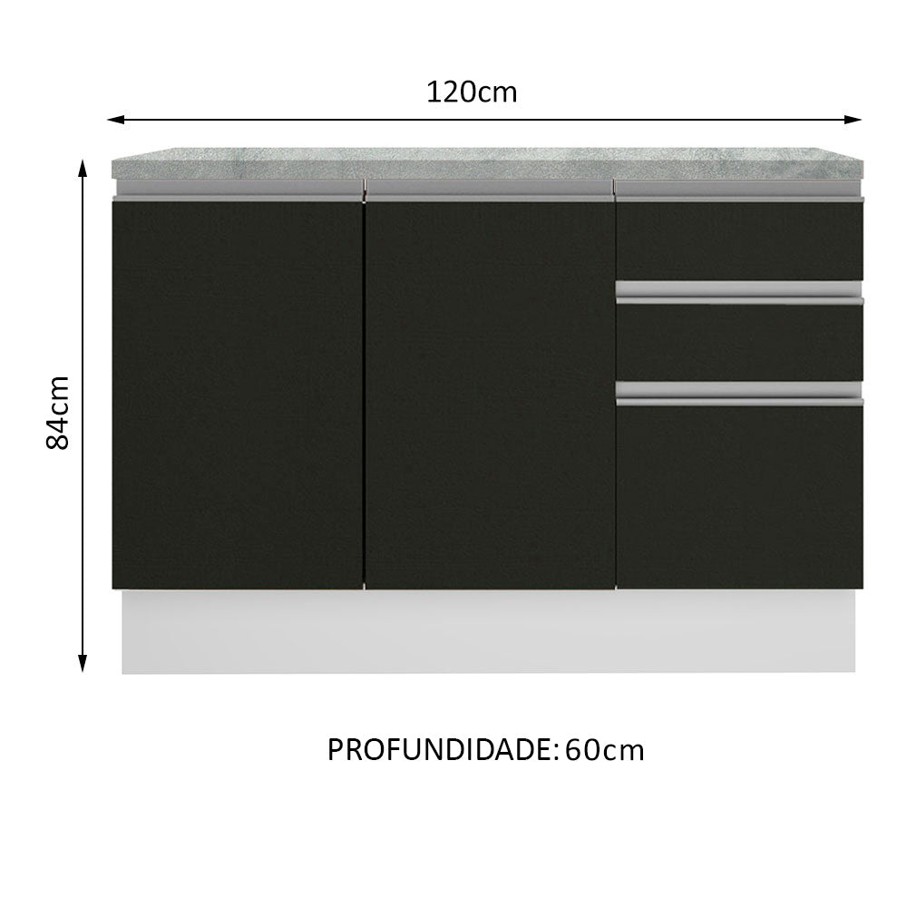Gabinete Bajo para Tarja 120 x 60 cm 2 Puerta 3 Cajones (Con Encimera) Glamy Blanco/Negro