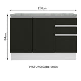 Gabinete Bajo para Tarja 120 x 60 cm 2 Puerta 3 Cajones (Con Encimera) Glamy Blanco/Negro