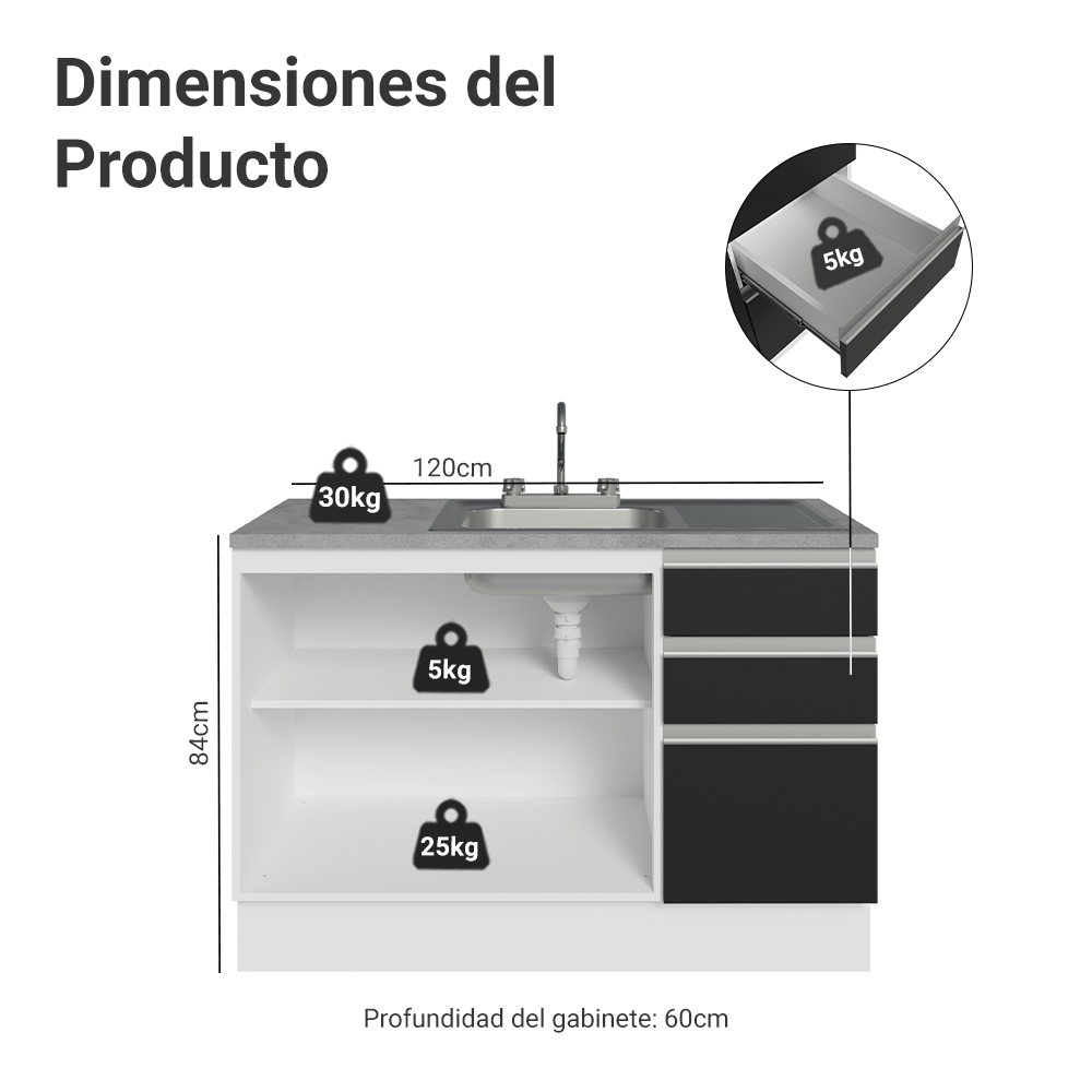 Gabinete Bajo para Fregadero con Accesorios de Cocina 120 x 60 cm 2 Puerta 3 Cajones (Con Encimera) Glamy Blanco/Negro