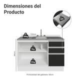 Gabinete Bajo para Fregadero con Accesorios de Cocina 120 x 60 cm 2 Puerta 3 Cajones (Con Encimera) Glamy Blanco/Negro