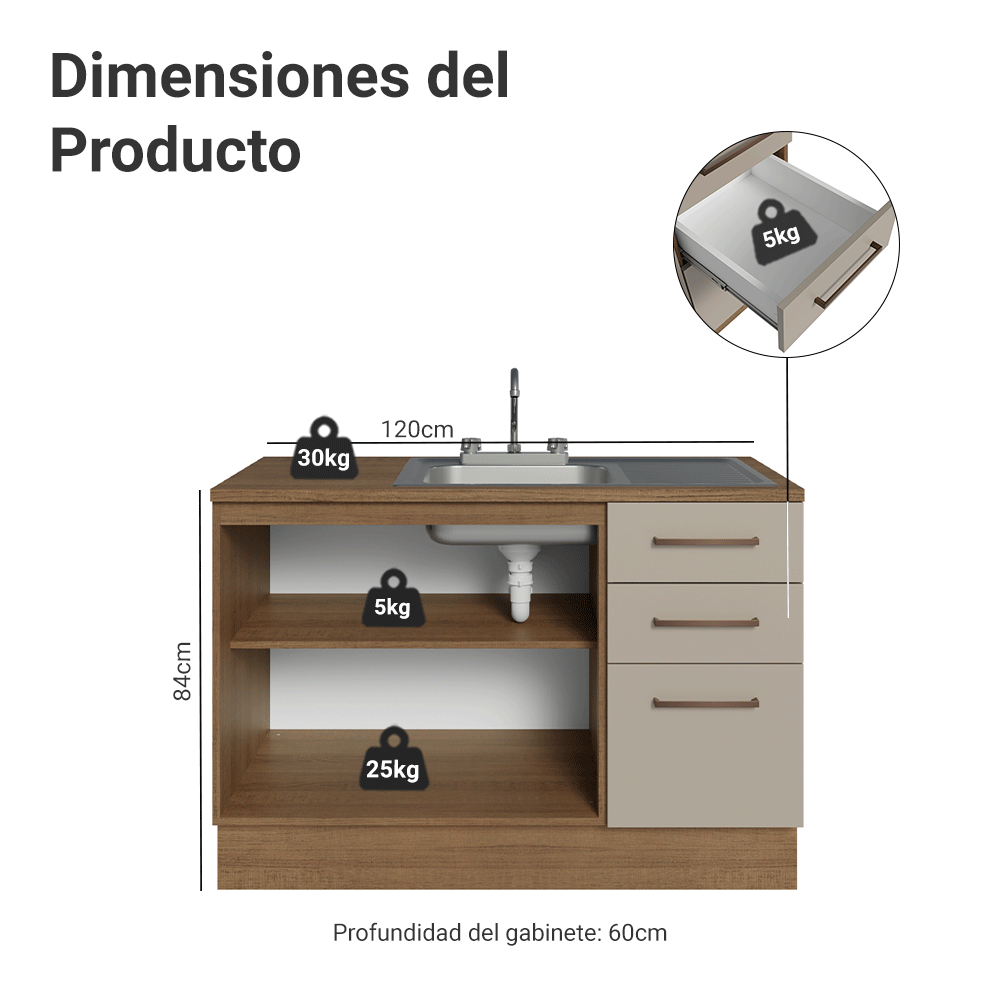 Gabinete Bajo para Fregadero con Accesorios de Cocina 120 x 60 cm 2 Puertas 3 Cajones (Con Encimera) Agata Marrón/Crema