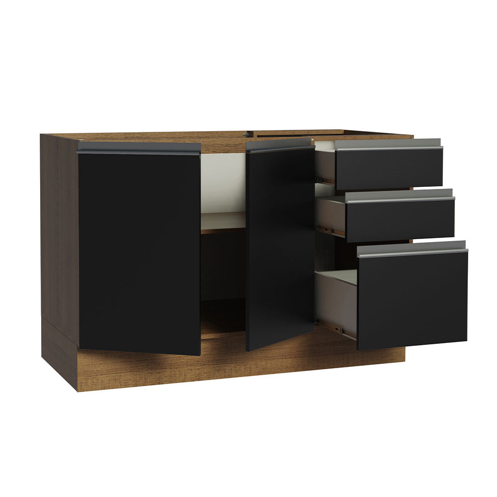 Gabinete Bajo para Tarja 120 x 60 cm 2 Puerta 3 Cajones (Sin Encimera) Glamy Marrón/Negro