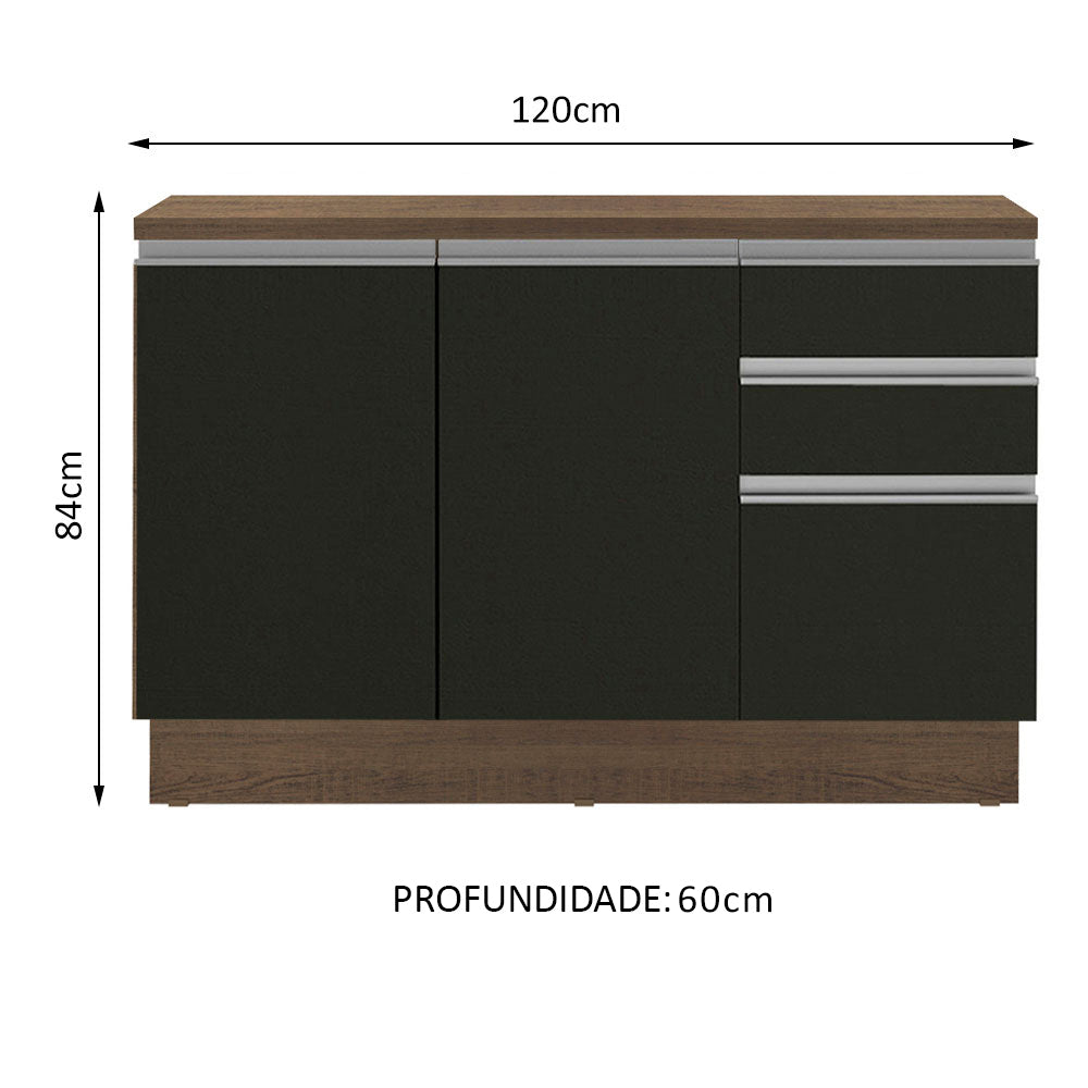 Gabinete Bajo para Tarja 120 x 60 cm 2 Puerta 3 Cajones (Con Encimera) Glamy Marrón/Negro