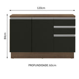 Gabinete Bajo para Tarja 120 x 60 cm 2 Puerta 3 Cajones (Con Encimera) Glamy Marrón/Negro