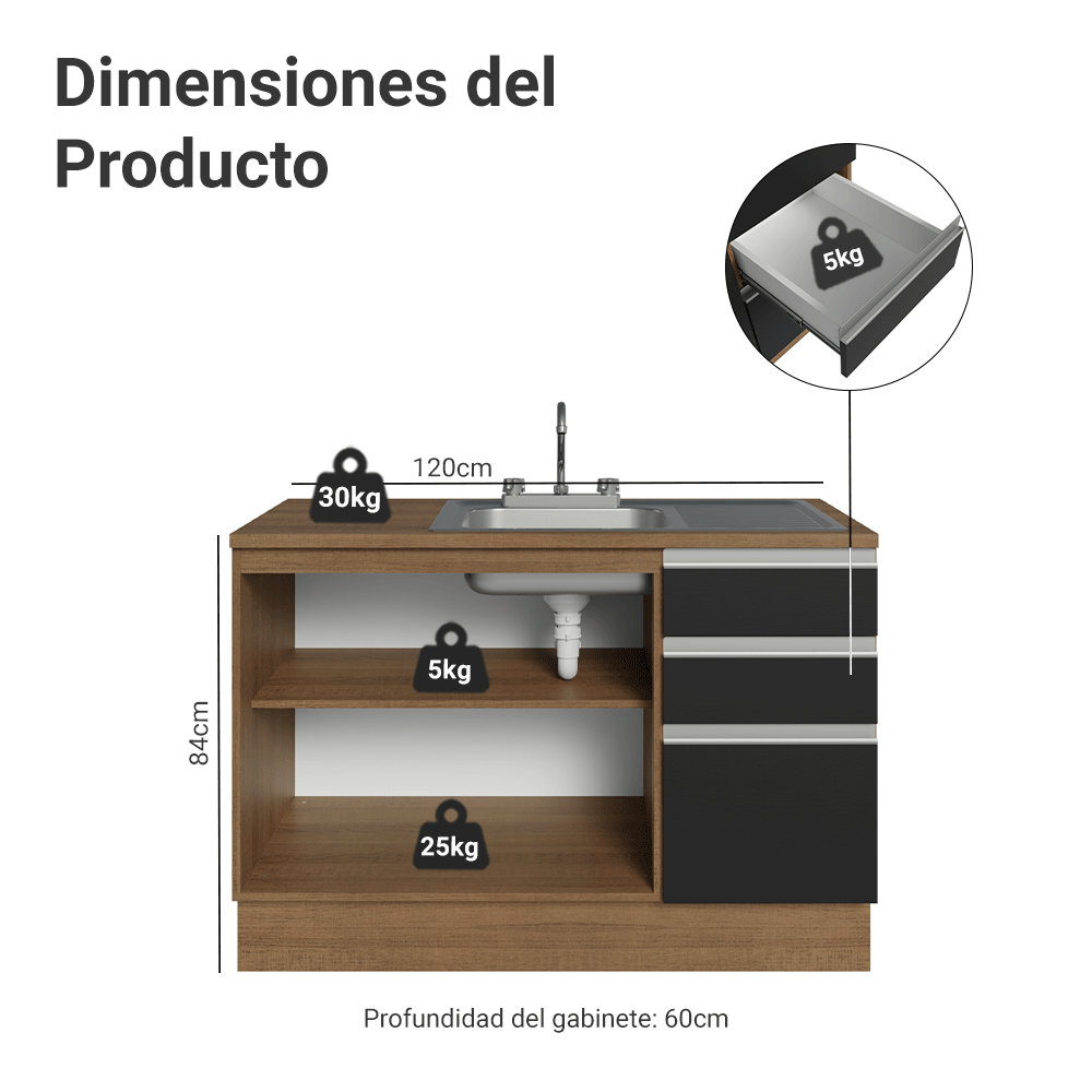 Gabinete Bajo para Fregadero con Accesorios de Cocina 120 cm 2 Puertas 3 Cajones Marrón/Negro Glamy Madesa