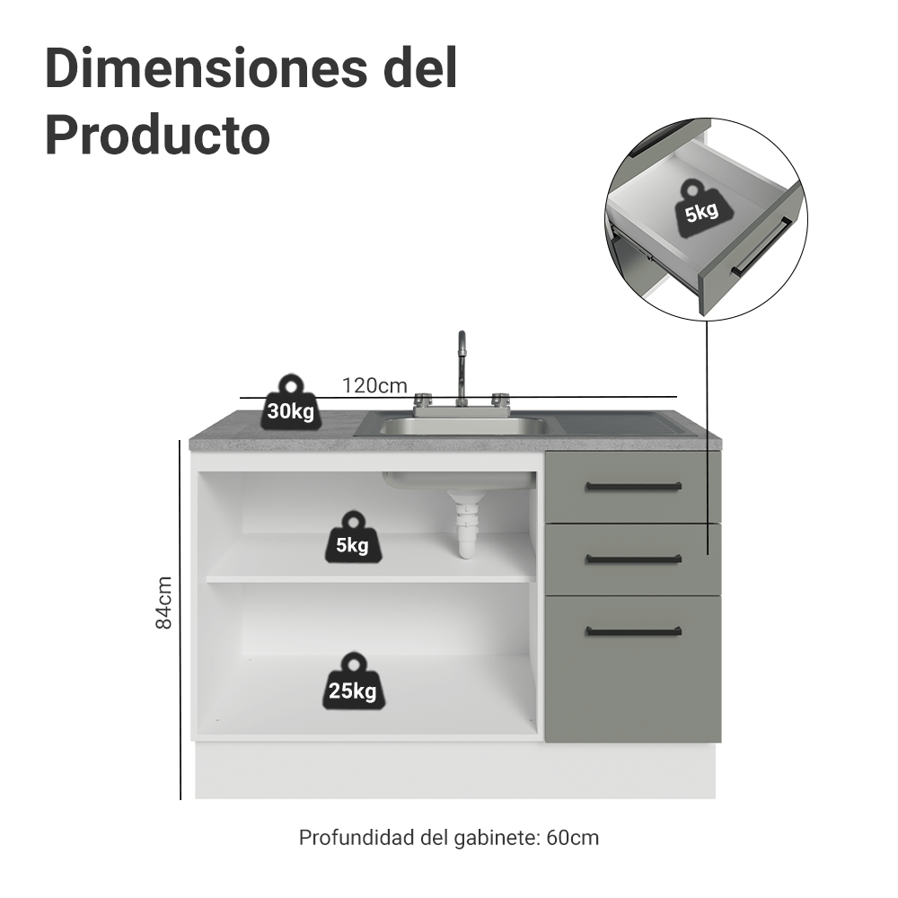 Gabinete Bajo para Fregadero con Accesorios de Cocina 120 cm 2 Puertas 3 Cajones Blanco/Gris Agata Madesa