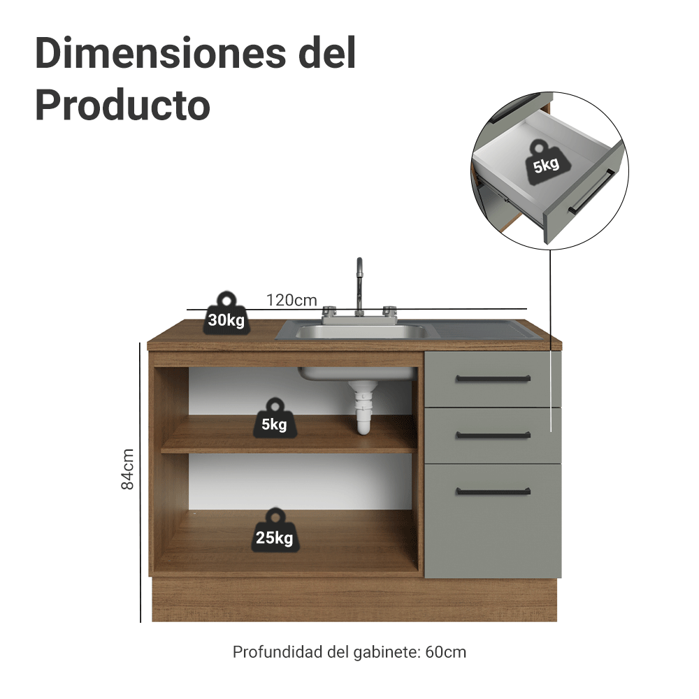 Gabinete Bajo para Fregadero con Accesorios de Cocina 120 cm 2 Puertas 3 Cajones Marrón/Gris Agata Madesa