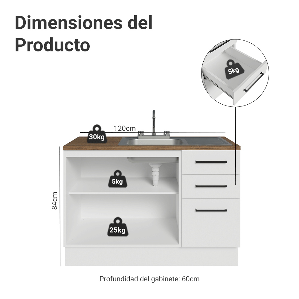Mueble de Cocina con Fregadero 120 cm 2 Puertas y 3 Cajones Blanco/Marrón Agata
