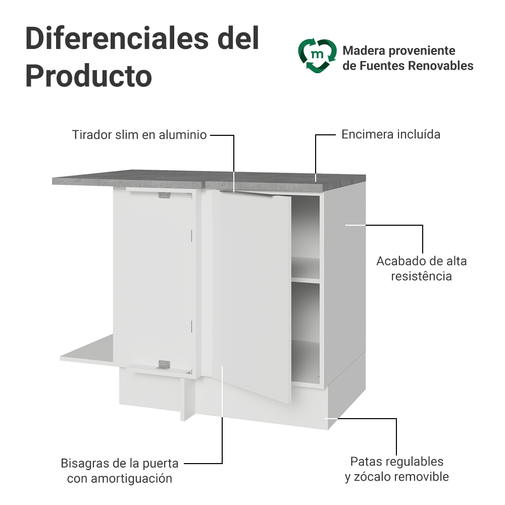 Gabinete Bajo Esquinero 102 cm 1 Puerta Blanco Stella Madesa