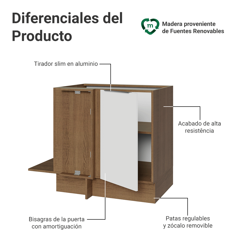 Gabinete Bajo Esquinero 80 cm 1 Puerta Sin Encimera Marrón/Blanco Stella Madesa