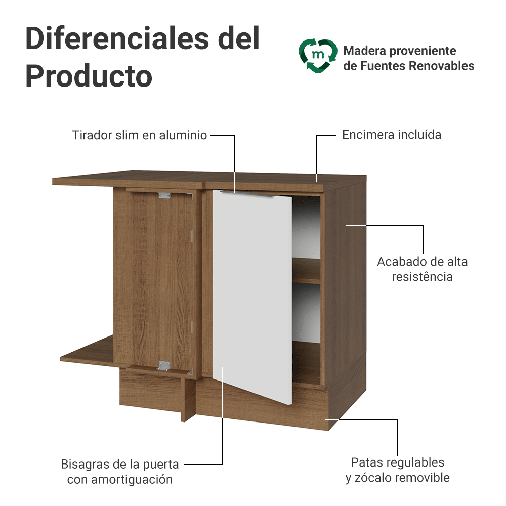 Gabinete Bajo Esquinero 102 cm 1 Puerta Marrón/Blanco Stella Madesa