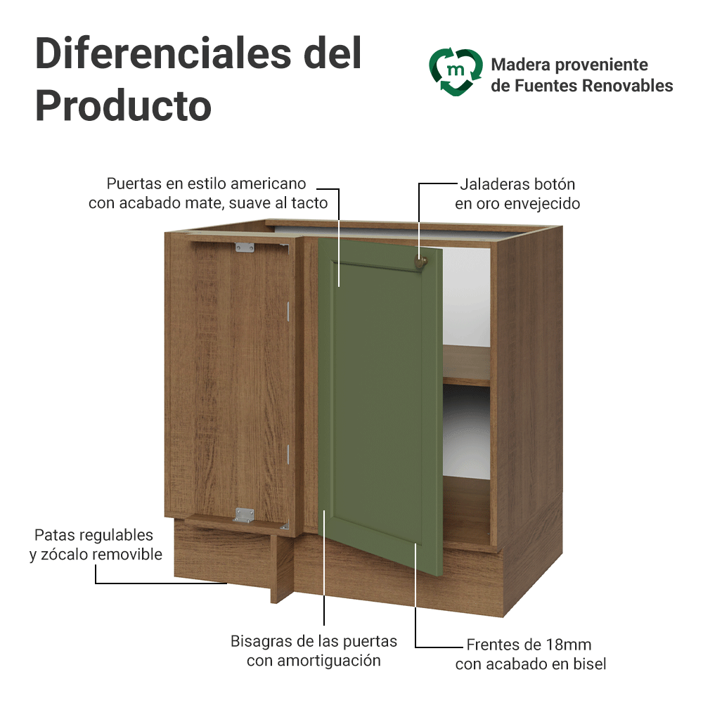Gabinete Bajo Esquinero para Línea de 60 cm Profundidad (Sin encimera) Marrón/verde Vik Madesa