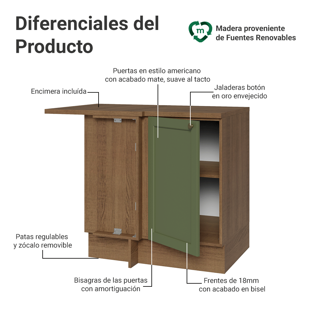 Gabinete Bajo Esquinero para Línea de 60 cm Profundidad (Con Encimera) Marrón/Verde Vik Madesa