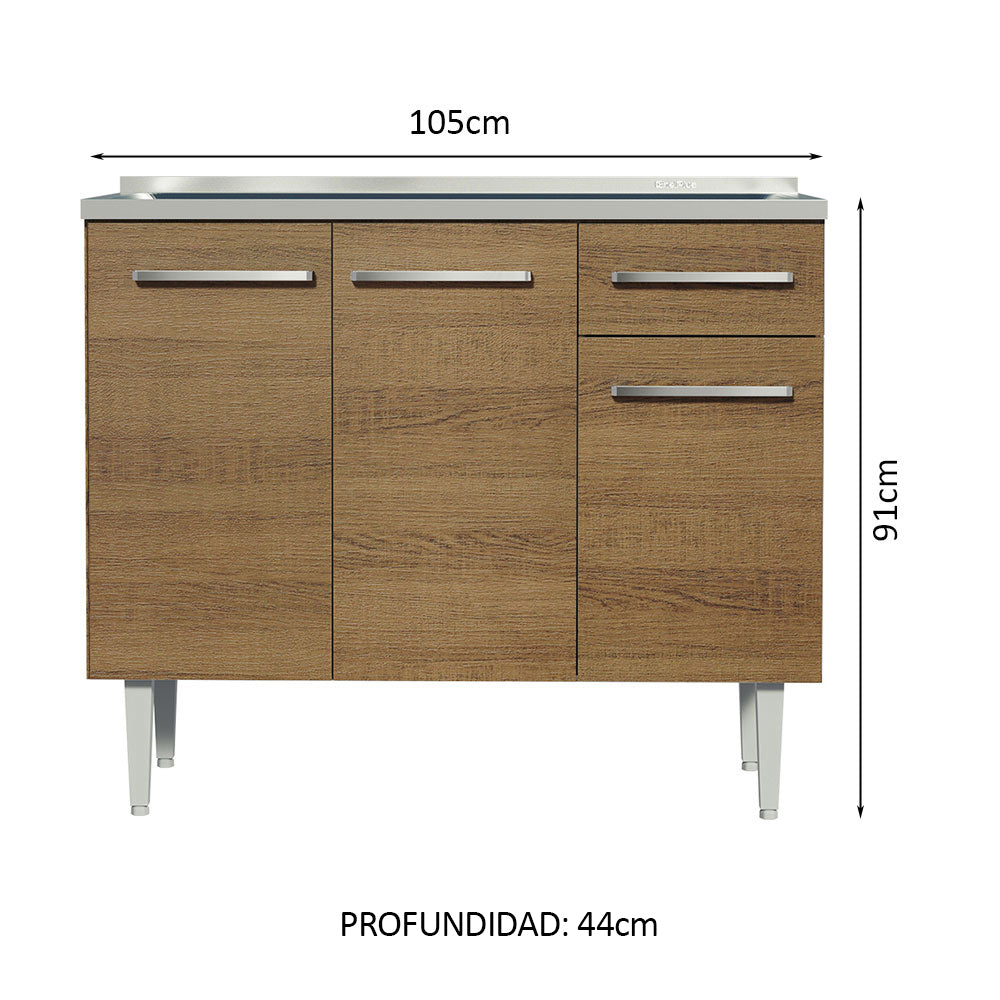 Mueble de Cocina 3 Puertas y 1 Cajón 105cm con Fregadero Marrón Emilly