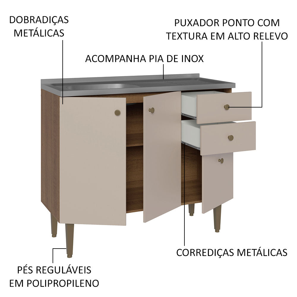 Gabinete Bajo 105 cm 3 Puertas 2 Cajones con Fregadero Marrón/Crema Gourmet Madesa