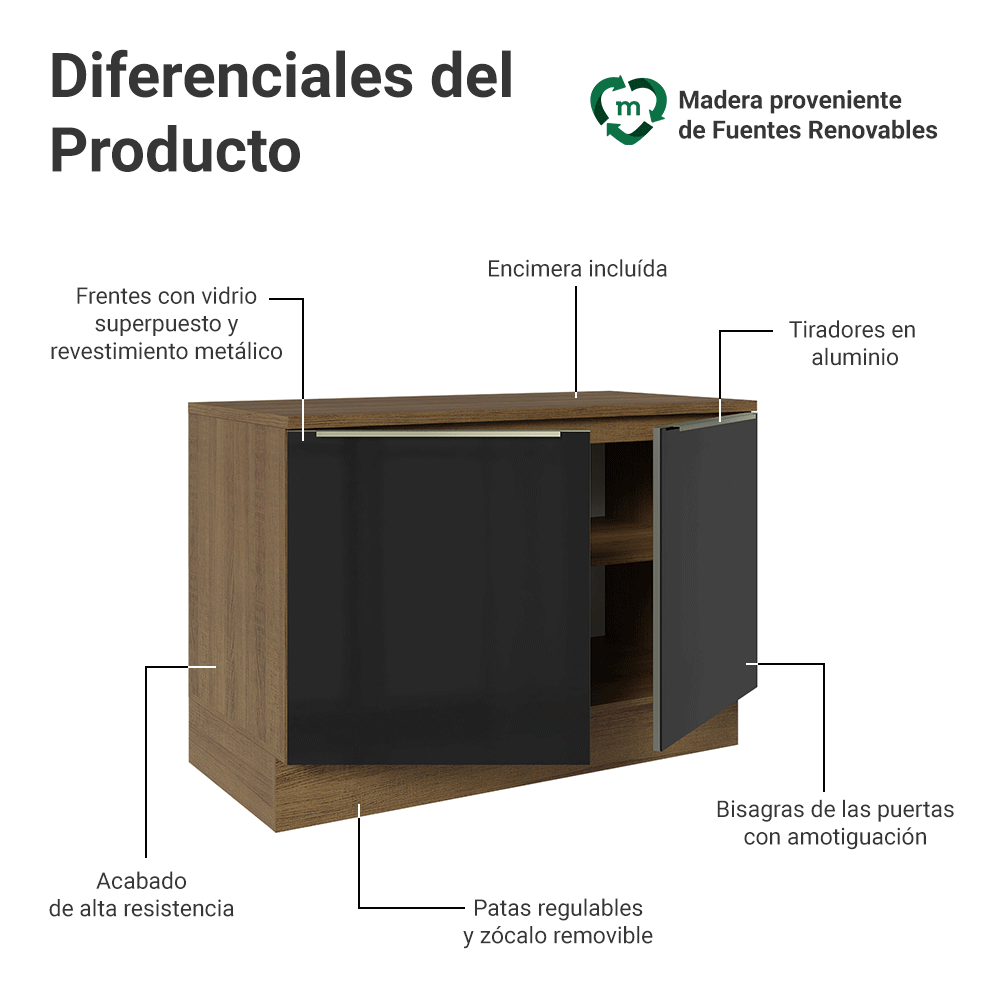 Gabinete Bajo de Cocina 120 cm 2 Puertas Marrón/Negro Lux Madesa