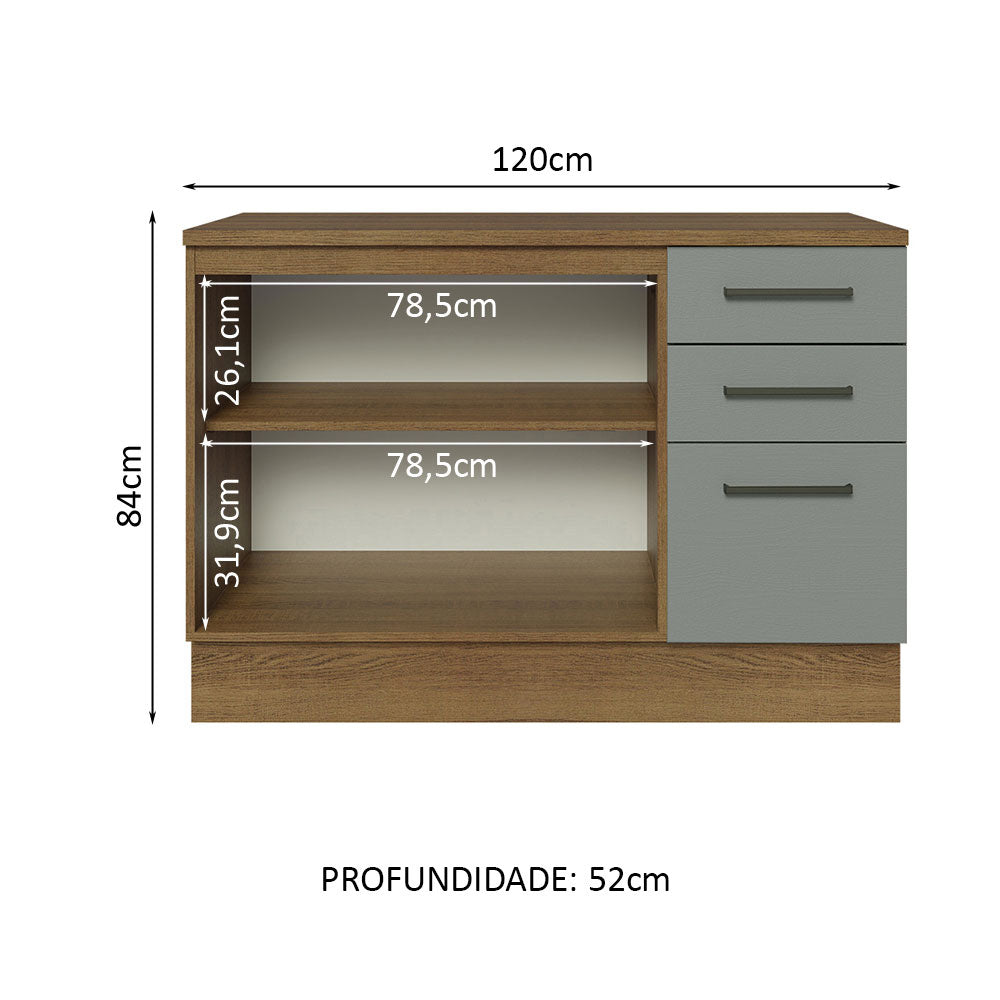 Gabinete Bajo de Tarja 120cm 2 Puertas 3 Cajones (Con Encimera y Sin Tarja) Marrón/Gris Agata