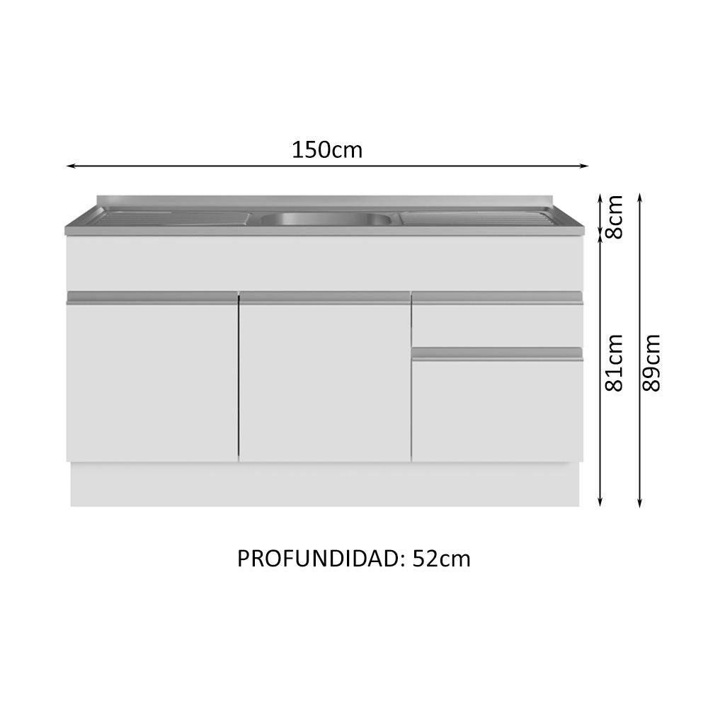 Gabinete Bajo con Tarja 150cm 2 Puertas 2 Cajones Blanco Glamy