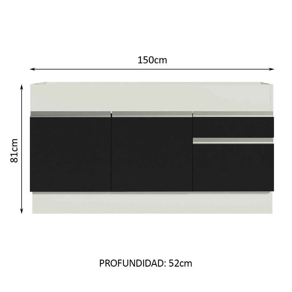 Gabinete Bajo para Fregadero 150cm 2 Puertas y 2 Cajones (Sin Encimera Ni Fregadero) Glamy Blanco/Negro