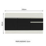Gabinete Bajo para Fregadero 150cm 2 Puertas y 2 Cajones (Sin Encimera Ni Fregadero) Glamy Blanco/Negro