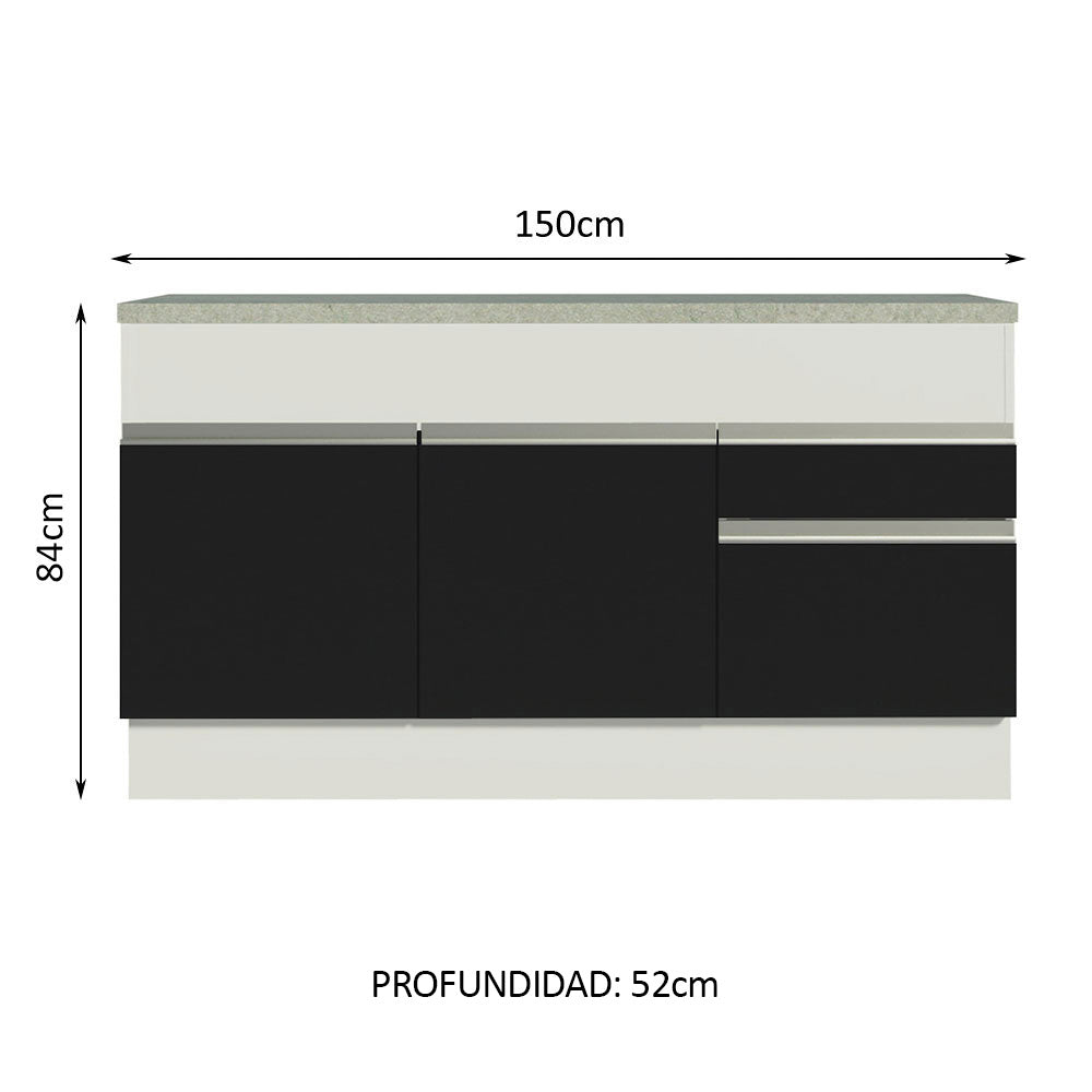 Gabinete Bajo para Fregadero 150 cm 2 Puertas y 2 Cajones (Con Encimera) Glamy Blanco/Negro