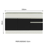 Gabinete Bajo para Fregadero 150 cm 2 Puertas y 2 Cajones (Con Encimera) Glamy Blanco/Negro