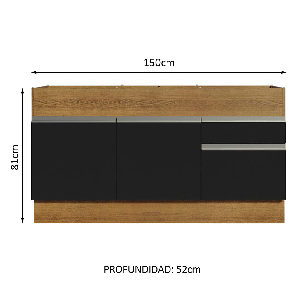 Gabinete Bajo para Fregadero 150cm 2 Puertas y 2 Cajones (Sin Encimera Ni Fregadero) Glamy Marrón/Negro