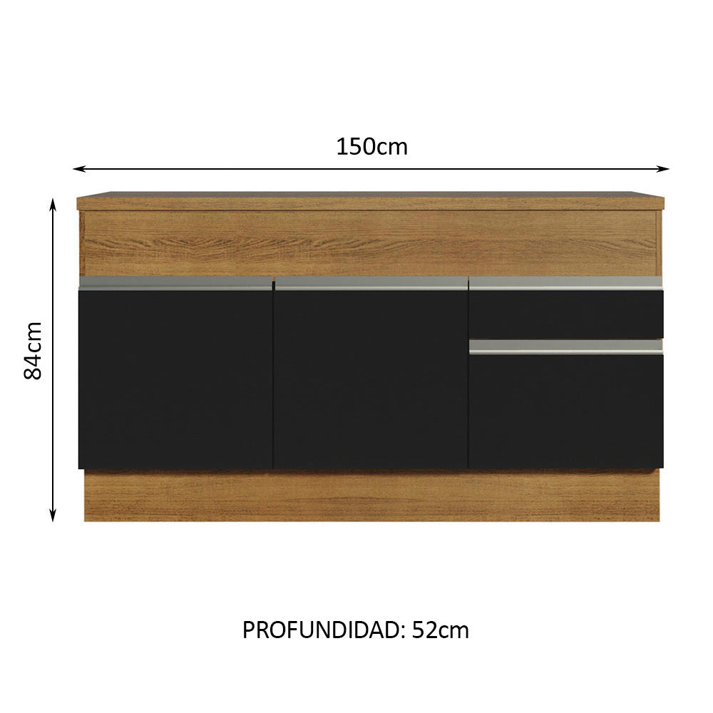 Gabinete Bajo para Fregadero 150 cm 2 Puertas y 2 Cajones (Con Encimera) Glamy Marrón/Negro