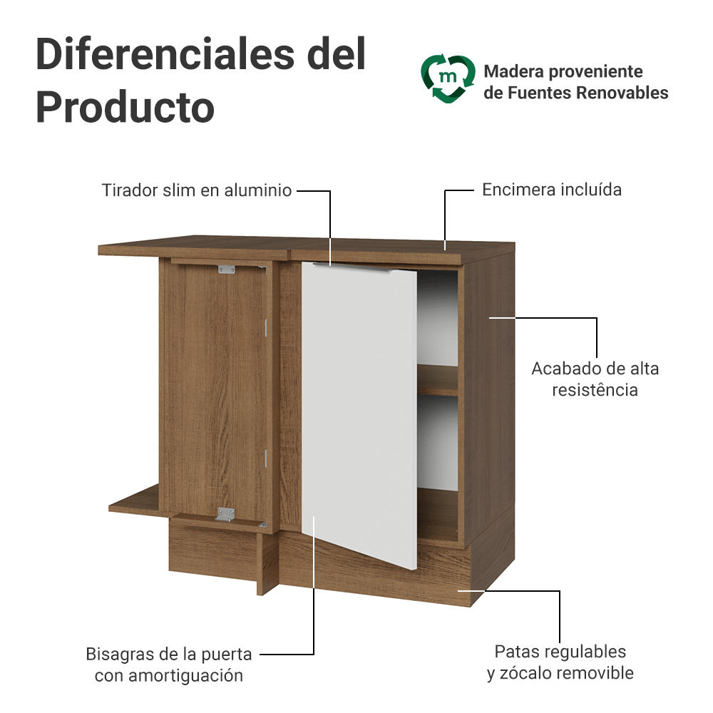 Gabinete Bajo Esquinero 94 cm 1 Puerta Marrón/Blanco Stella Madesa