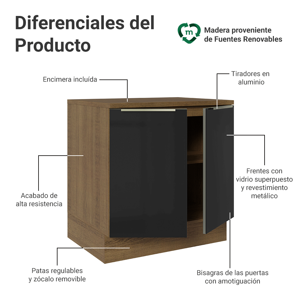 Gabinete Bajo de Cocina 80 cm 2 Puertas Marrón/Negro Lux Madesa