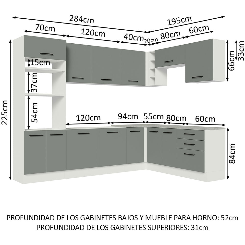 Cocina Integral Esquinera 479 x 52 cm 13 Puertas 3 Cajones Blanco/Gris Agata