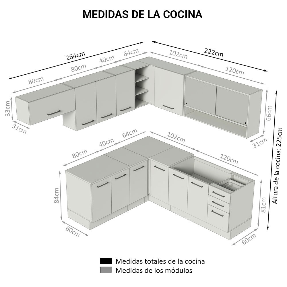 Cocina Integral de Esquina 486cm Blanco/Crema 60cm de Profundidad Agata 01