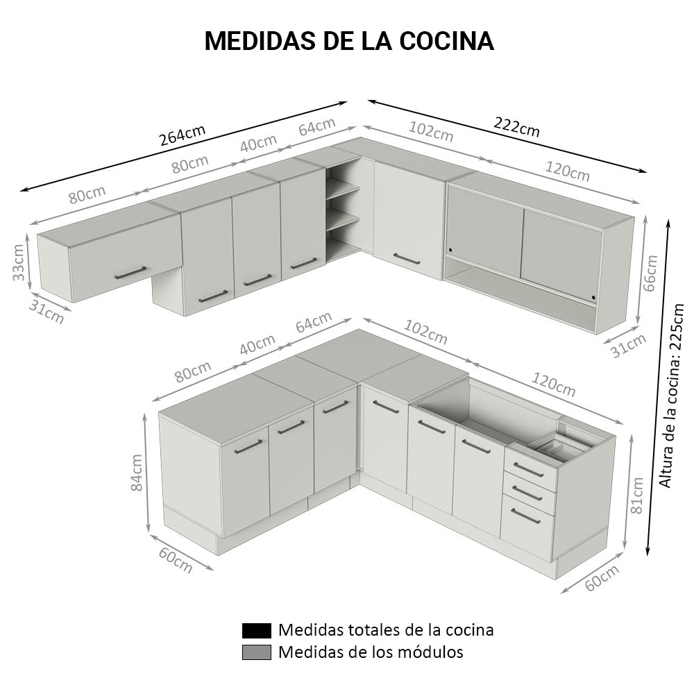 Cocina Integral de Esquina 486cm Marrón/Crema 60cm de Profundidad Agata 01