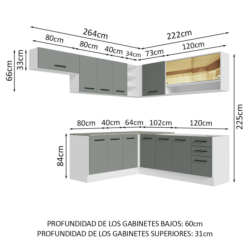 Cocina Integral de Esquina 486cm Blanco/Gris 60cm de Profundidad Agata 01