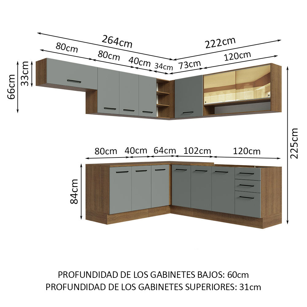 Cocina Integral de Esquina 486cm Marrón/Gris 60cm de Profundidad Agata 01