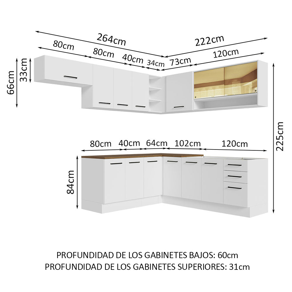 Cocina Integral de Esquina 486cm Blanco Encimera Marrón 60cm de Profundidad Agata 01