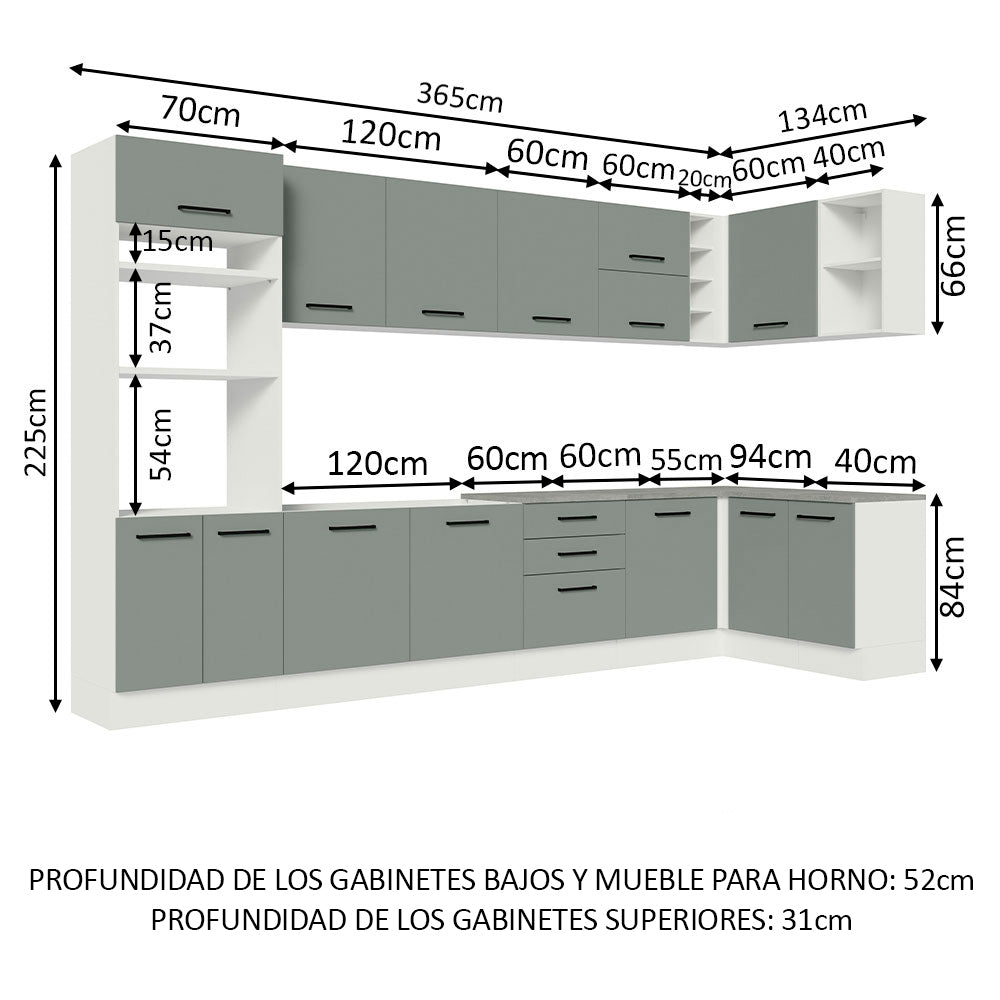 Cocina Integral Esquinera 479 x 52 cm 14 Puertas 3 Cajones Blanco/Gris Agata