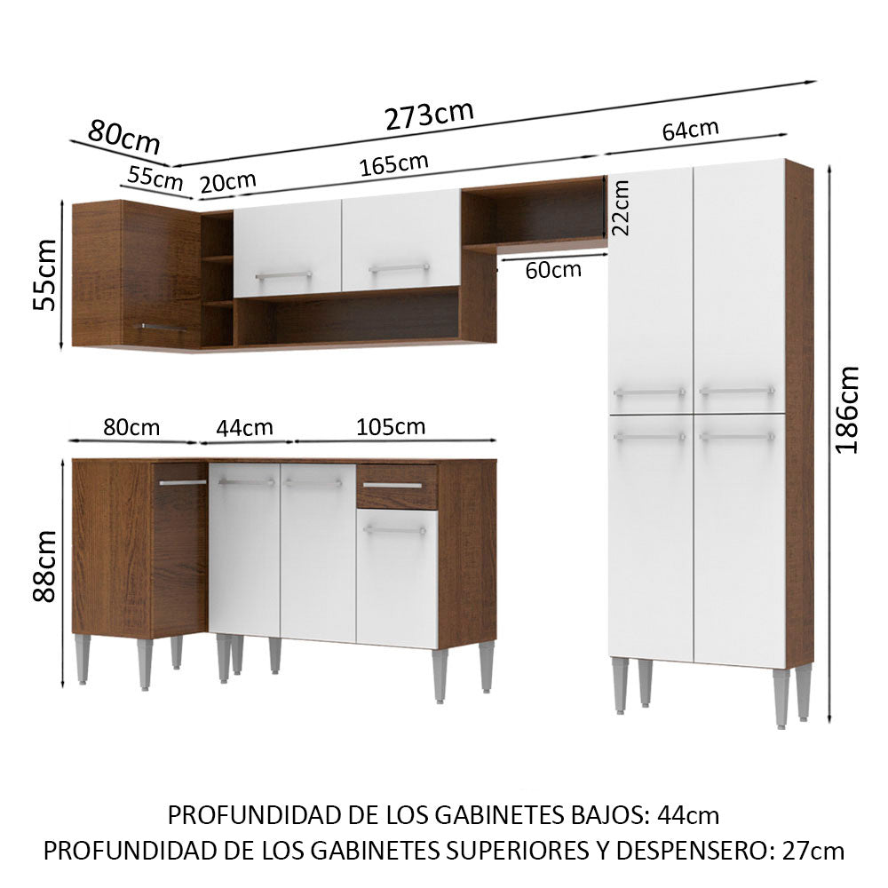 Cocina Integral Esquinera 353cm Marrón/Blanco Emilly Sun 01