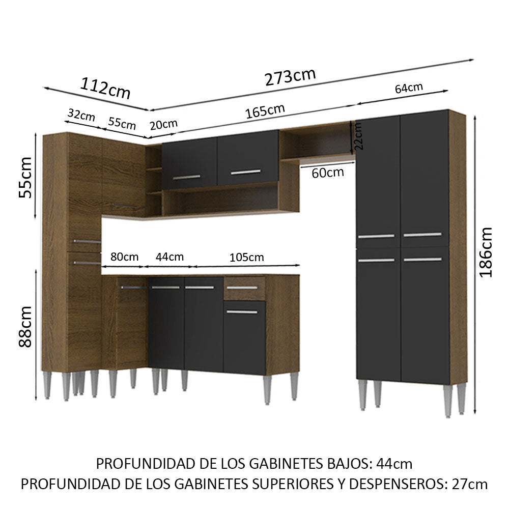 Cocina Integral Esquinera 385cm Marrón/Negro Emilly Love 01
