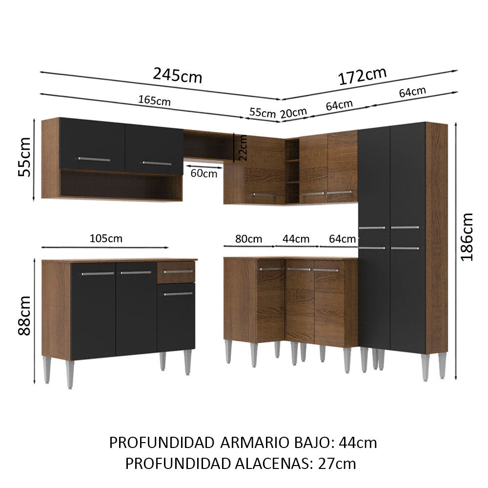 Cocina Integral Esquinera 417cm Marrón/Negro Emilly Ice 01 – Madesa Muebles