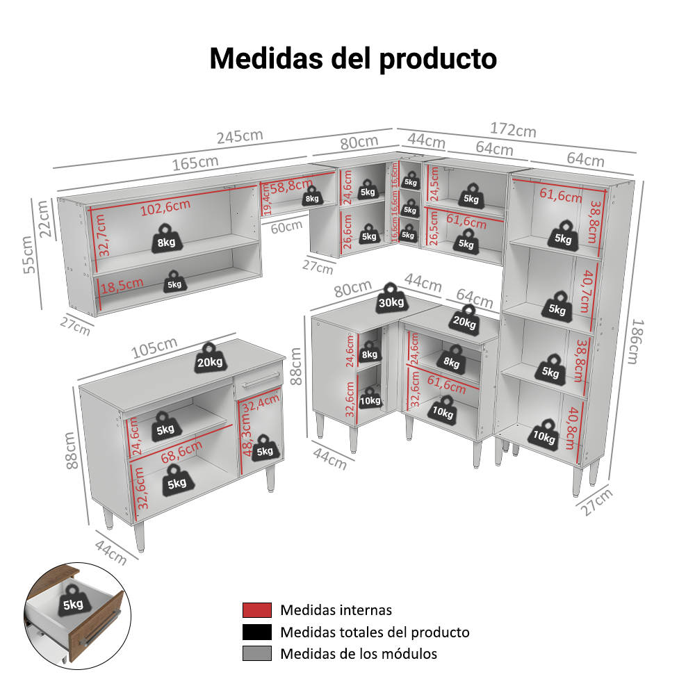 Cocina Integral Esquinera 417cm Marrón/Blanco Emilly 02