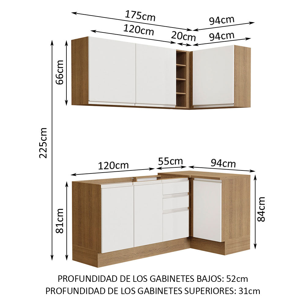 Cocina Integral Esquinera 269cm Marrón/Blanco Glamy 01