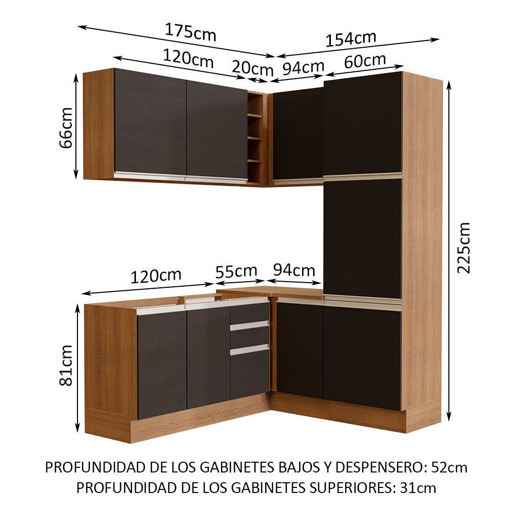 Cocina Integral Esquinera 329cm Marrón/Negro Glamy 01