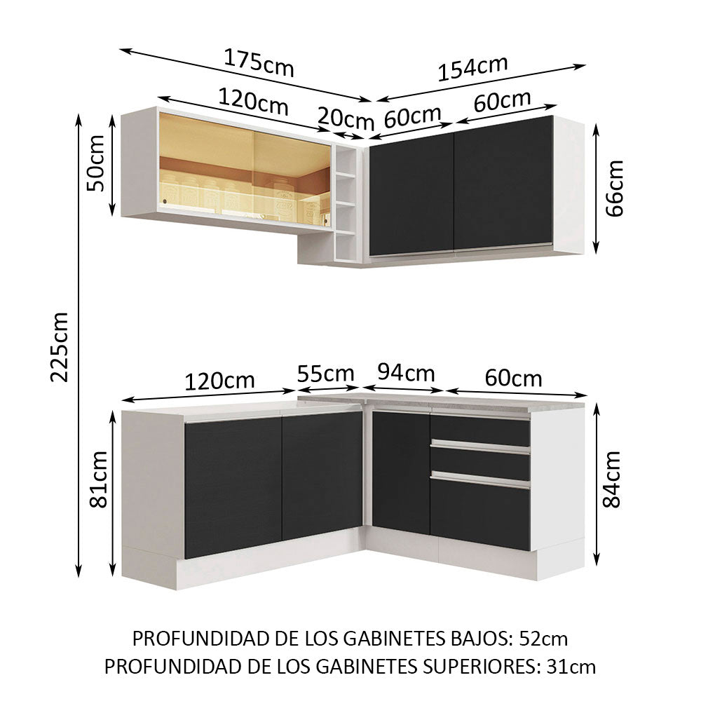 Cocina Integral Esquinera 329cm Blanco/Negro Glamy 02