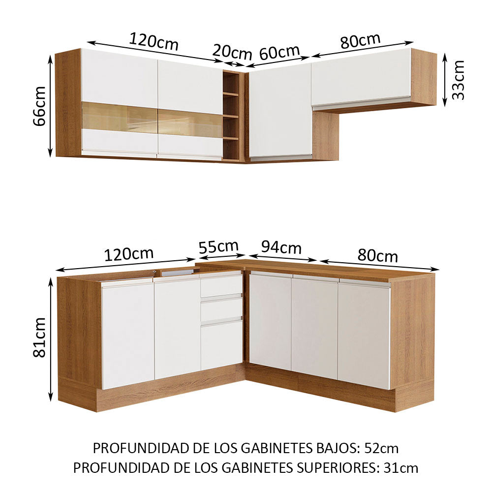 Cocina Integral Esquinera 349cm Marrón/Blanco Glamy 01