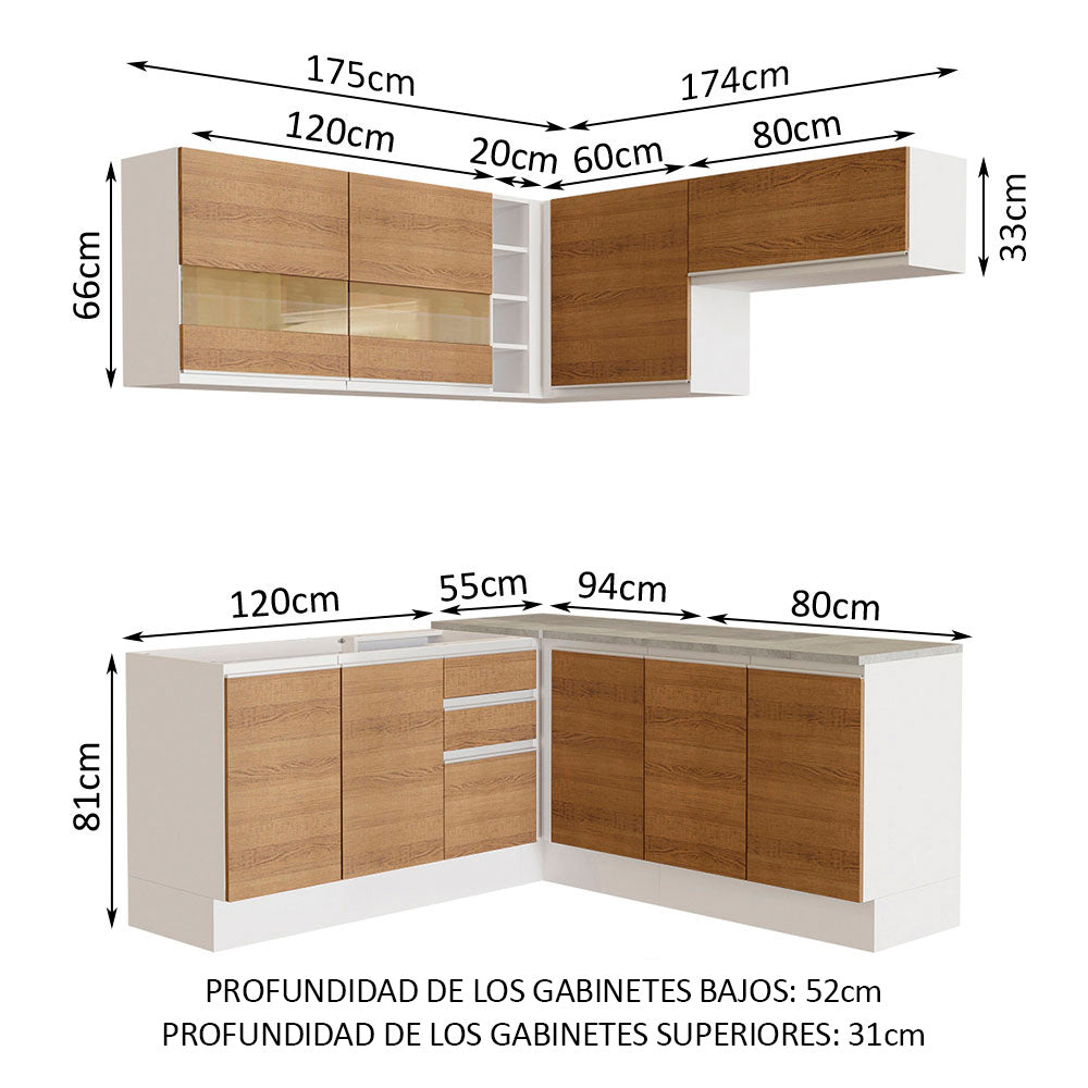Cocina Integral Esquinera 349cm Blanco/Marrón Glamy 01