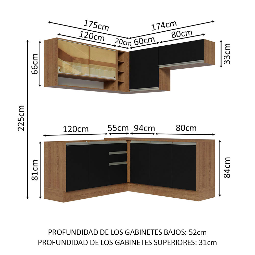 Cocina Integral Esquinera 349cm Marrón/Negro Glamy 02