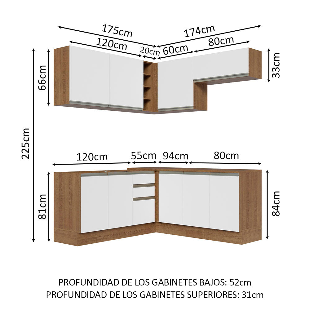 Cocina Integral Esquinera 349cm Marrón/Blanco Glamy 03