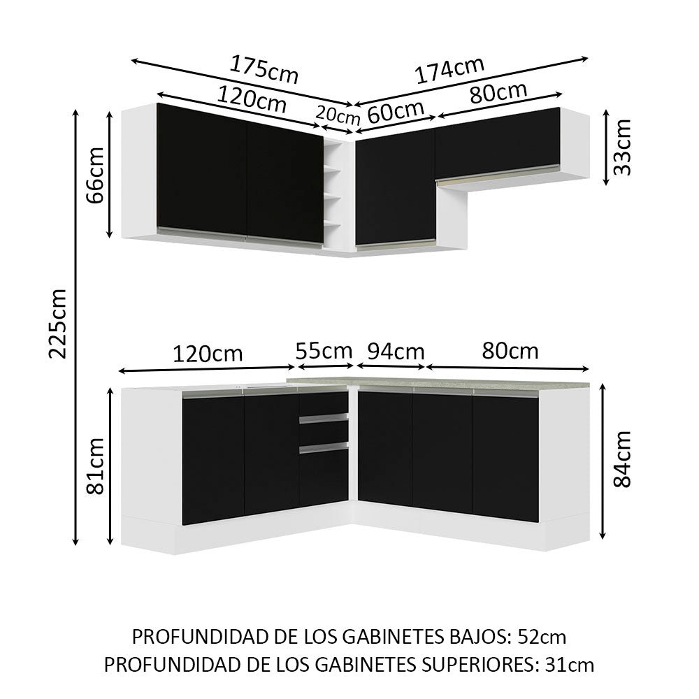 Cocina Integral Esquinera 349cm Blanco/Negro Glamy 03